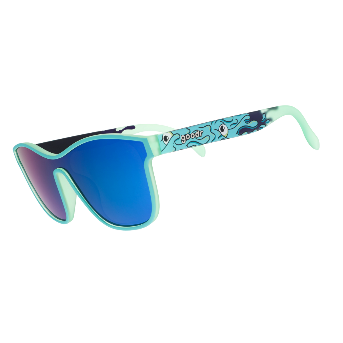 Mint green shield sunglasses with blue mirrored lenses and a wavy cartoon eye pattern on the arms.