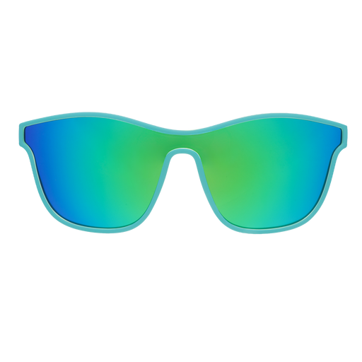 Front view of mint green shield sunglasses with a blue-green mirrored lens on a white background.
