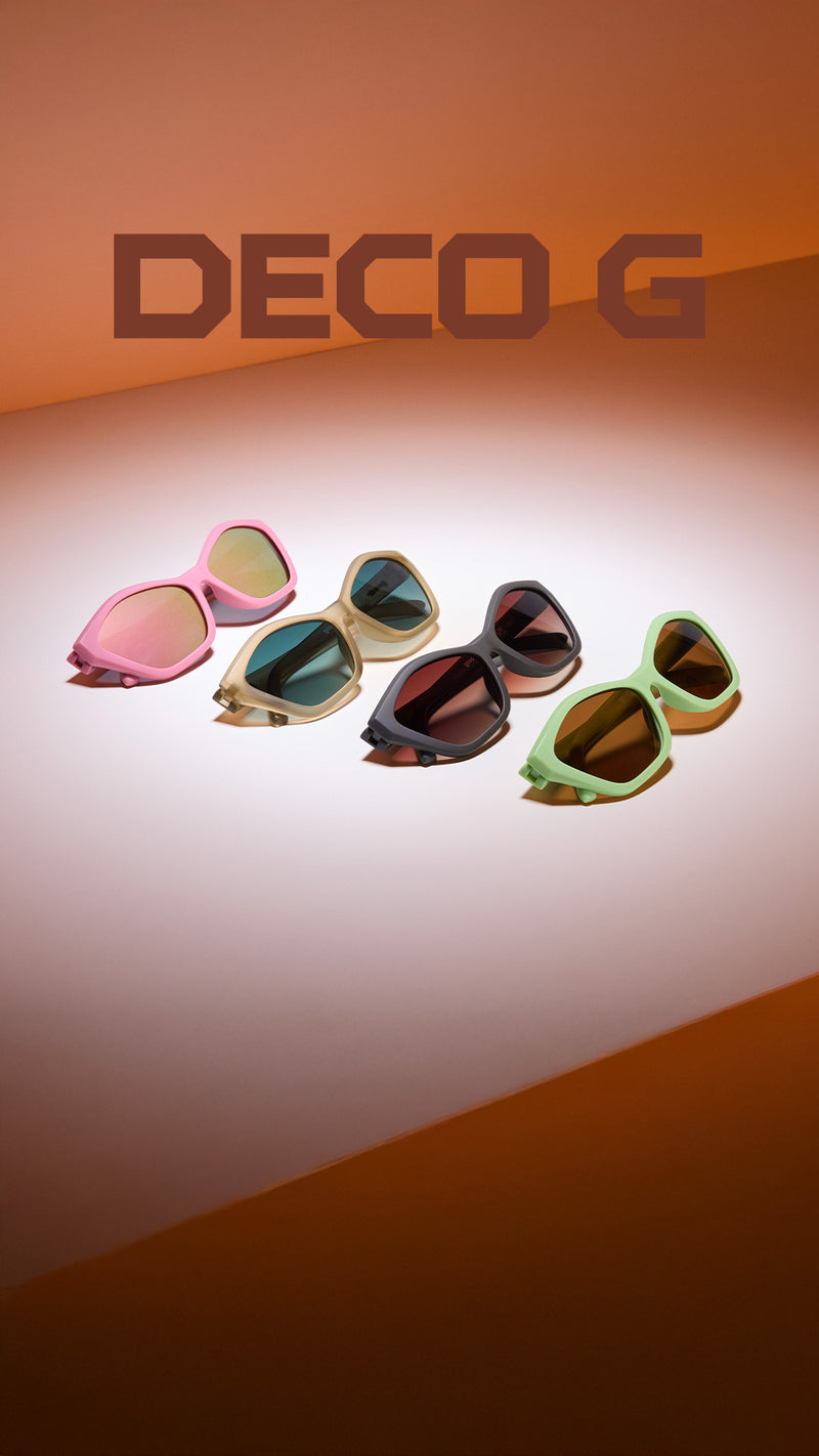 Three pairs of sunglasses with 'DECO G' branding on an orange background