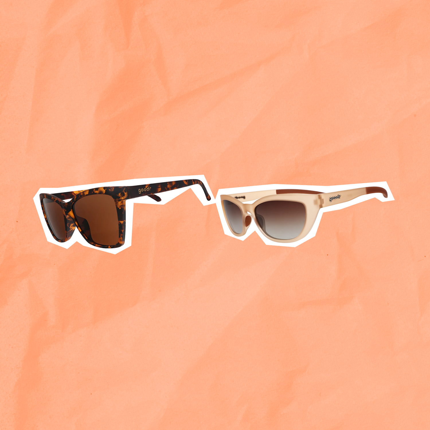 Two pairs of sunglasses, one with tortoiseshell frame and brown lenses, the other with beige frame and gradient lenses, on a white background.