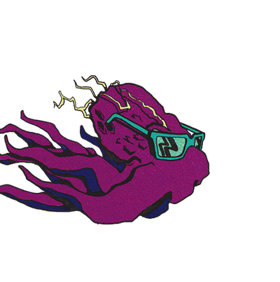 Purple octopus wearing green sunglasses on a white background