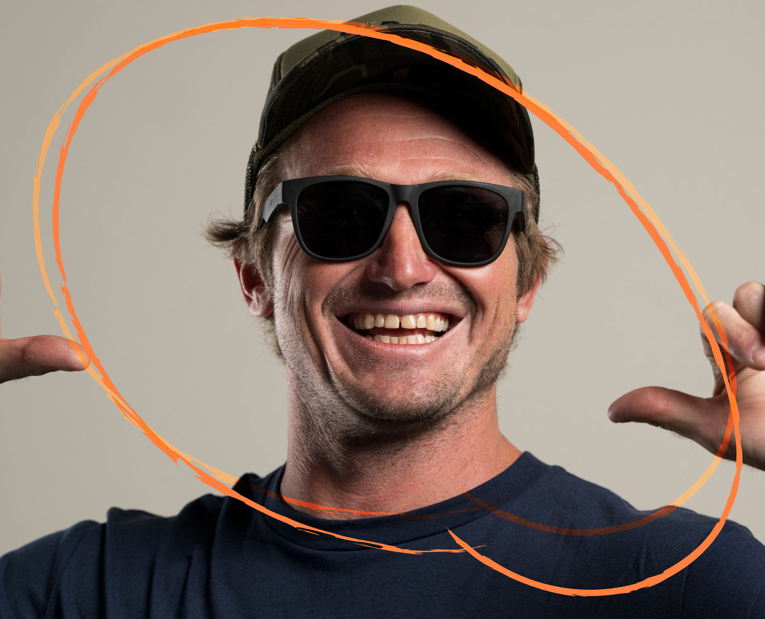 Ben Gravy wearing sunglasses and a cap with an orange circle around him on a gray background