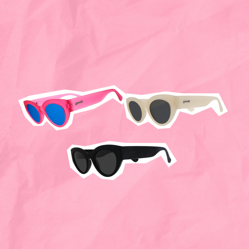 Three pairs of sunglasses in pink, beige, and black on a white background