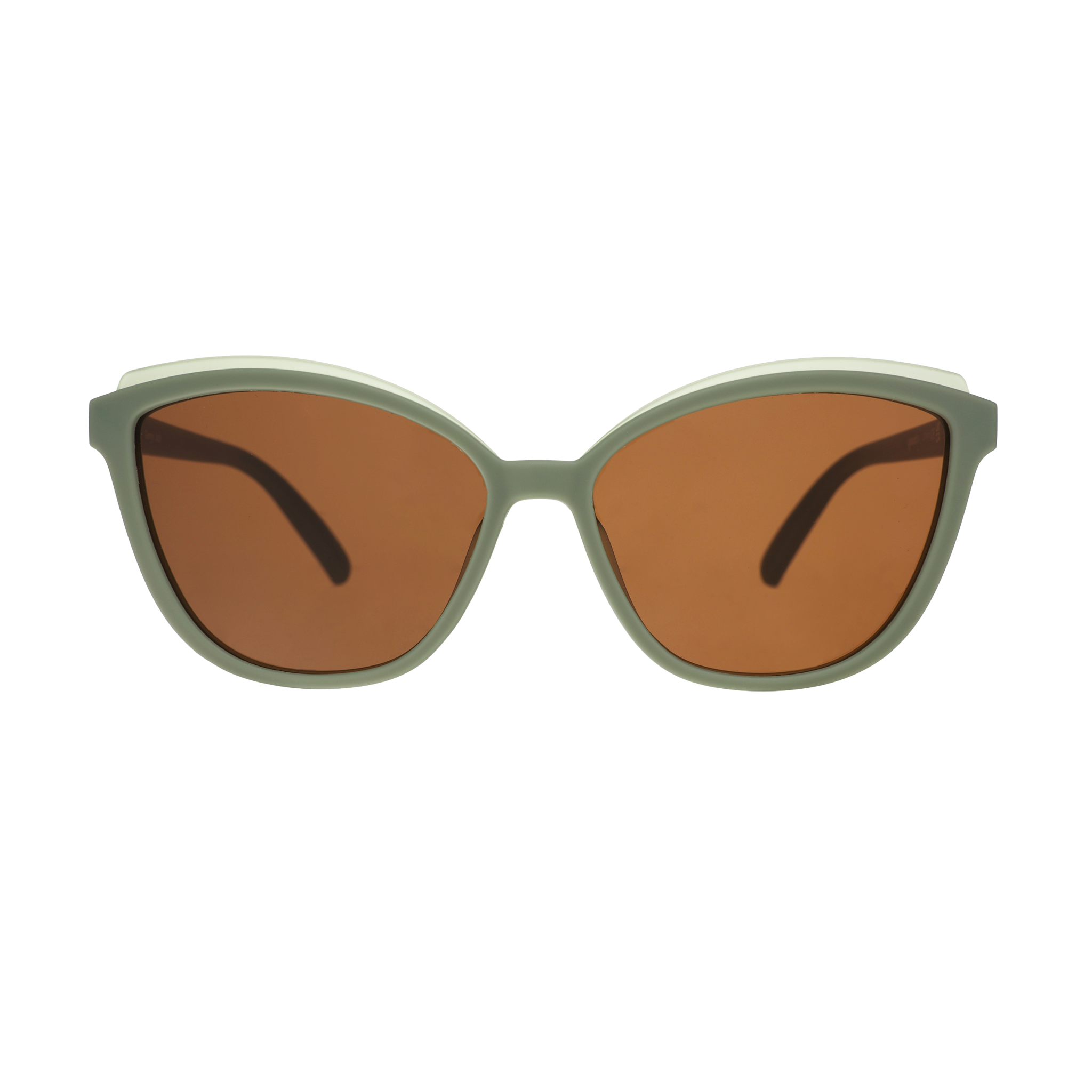 Sunglasses with brown lenses and green frames on a white background