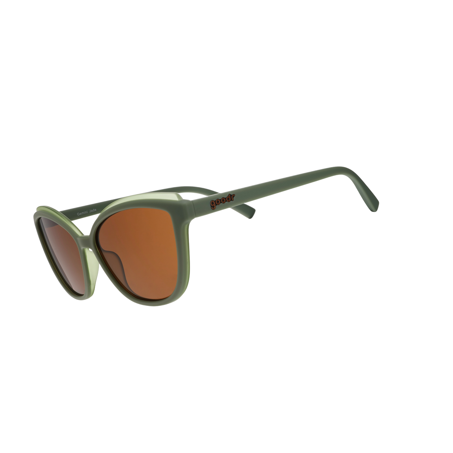 Green sunglasses with brown lenses on a white background