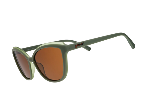 Green sunglasses with brown lenses on a white background