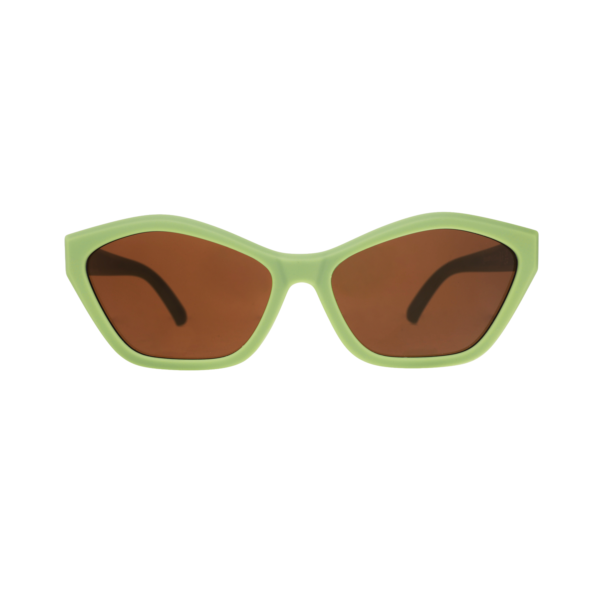 Sunglasses with green frame and brown lenses on a white background