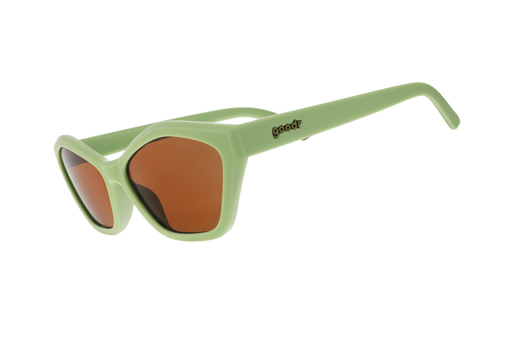 Front view of green cat-eye sunglasses featuring a geometric frame and brown lenses.