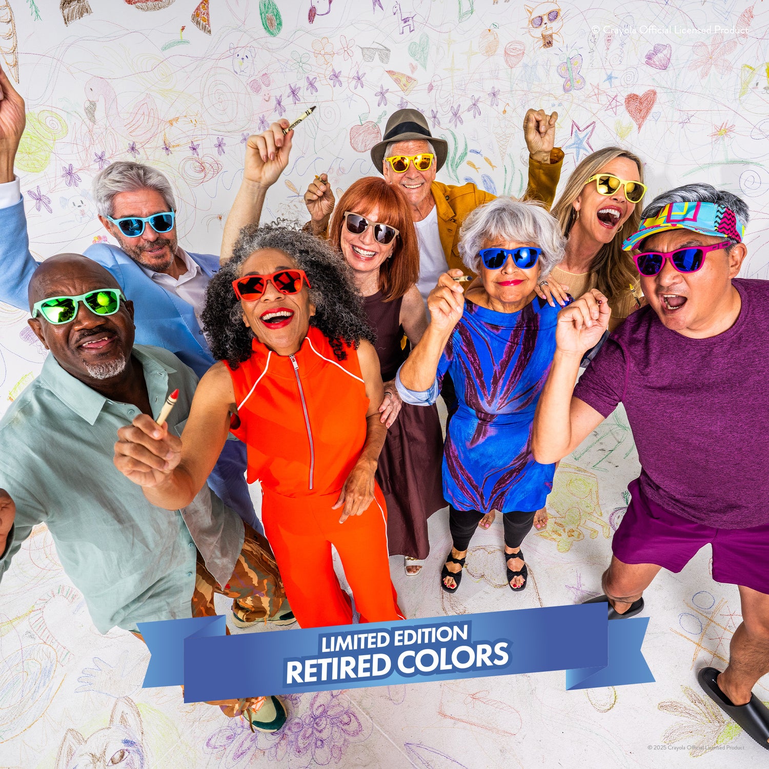 Group of people wearing colorful clothing and goodr sunglasses with a 'Limited Edition Retired Colors' banner.