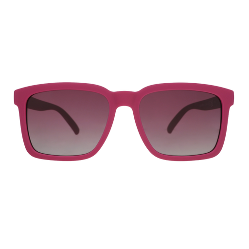 Front view of purple sunglasses. Purple front frame w/ a classic square silhouette & purple gradient lenses.
