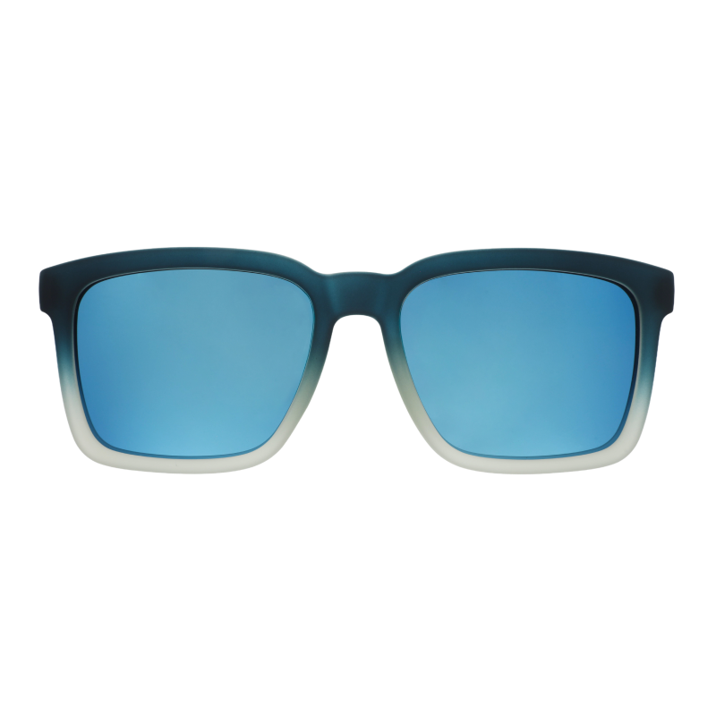 Front view of translucent black & teal sunglasses w/ blue reflective lenses & a classic square silhouette.