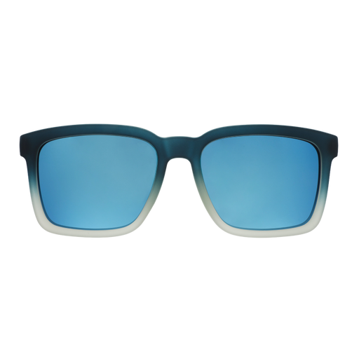 Front view of translucent black & teal sunglasses w/ blue reflective lenses & a classic square silhouette.