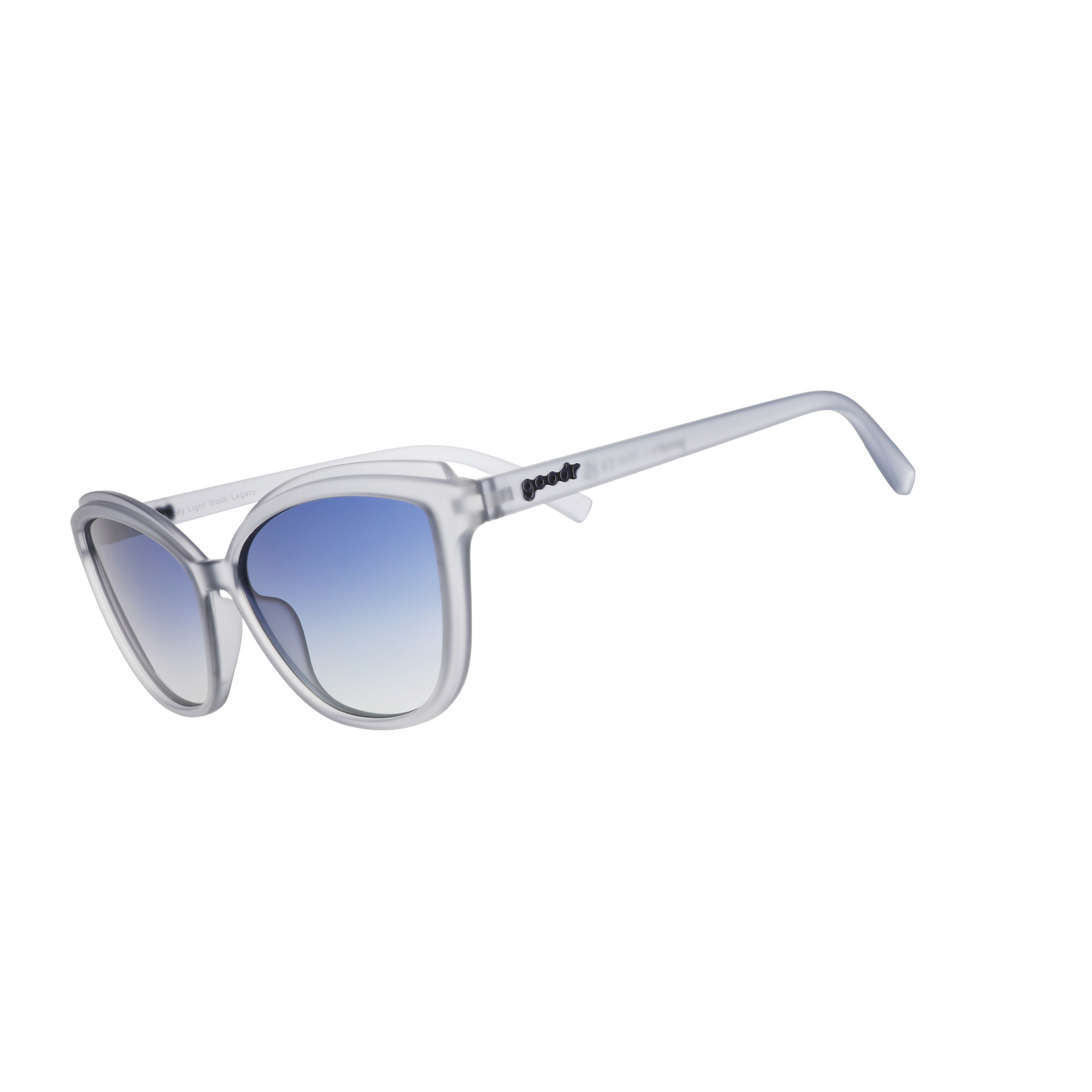 Sunglasses with gradient blue lenses on a white background