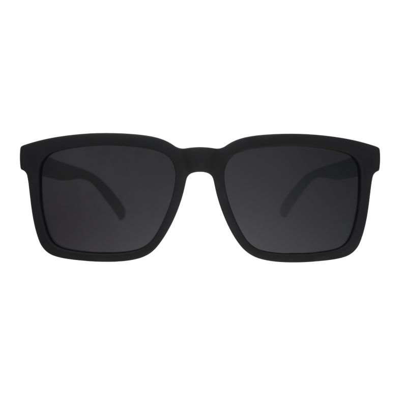 Front view of square silhouette sunnies. Black square front frame w/ black nonreflective lenses on a white background.