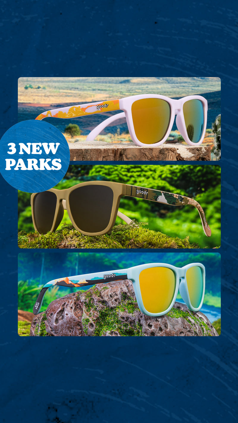 3 images of new goodr sunglasses with the words "3 New Parks". Each pair's design features various colors and silhouettes of trees and mountains.