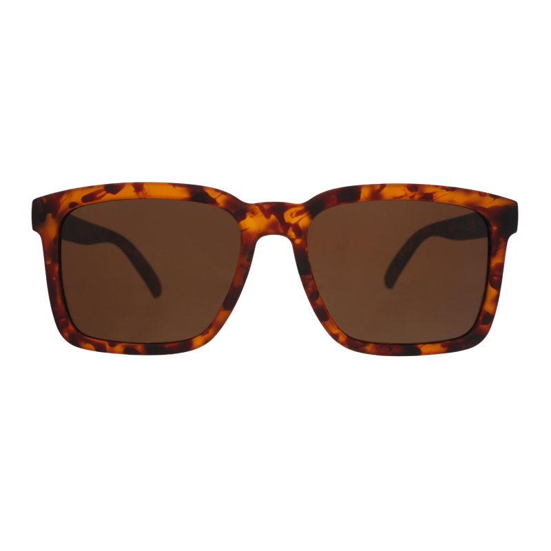 Front view of translucent brown square sunglasses w/ a tortoiseshell pattern & brown nonreflective lenses.