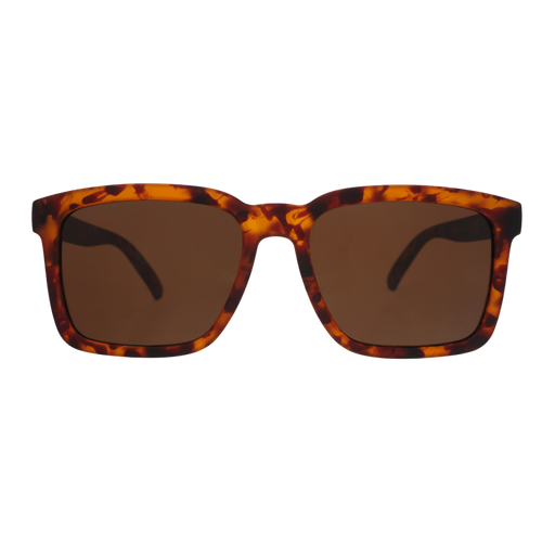 Front view of translucent brown square sunglasses w/ a tortoiseshell pattern & brown nonreflective lenses.