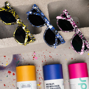 3 pairs of sunglasses, yellow, blue & pink with a splatter paint design