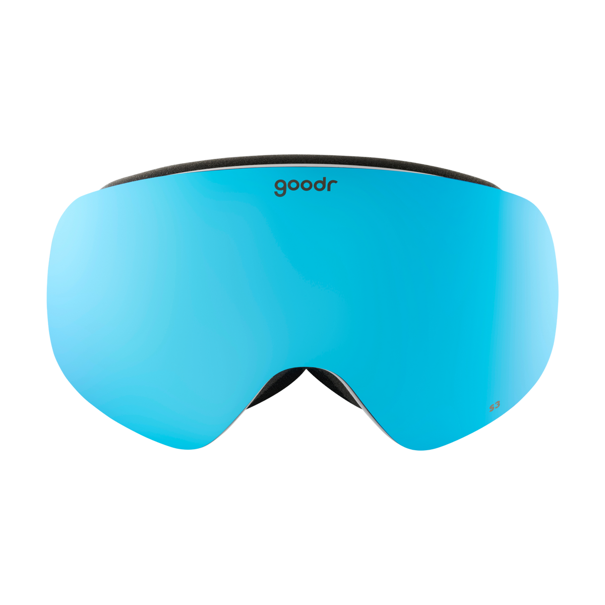 Front view of blue mirrored snow goggles with a white frame and goodr logo.