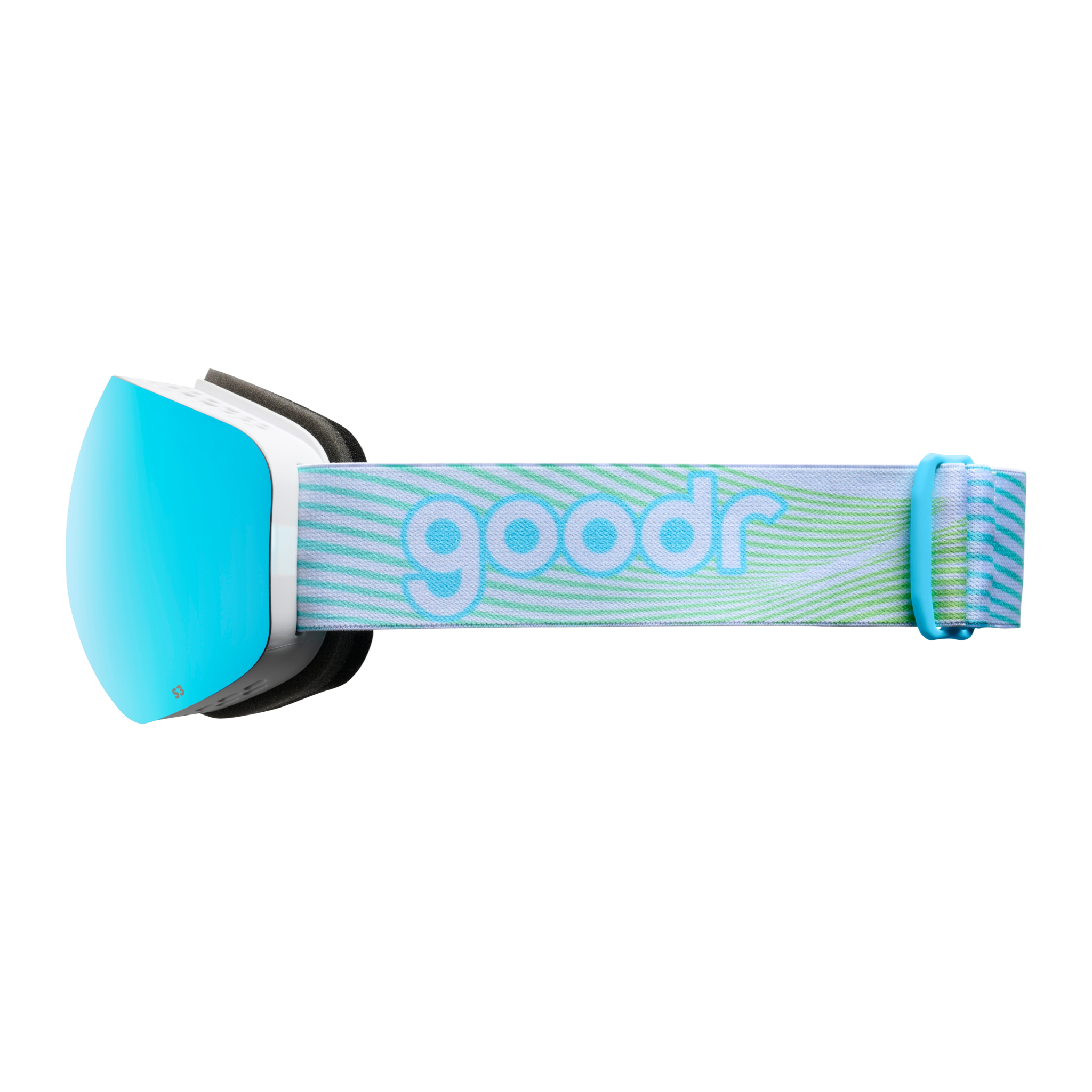 Side view of blue mirrored snow goggles with a white frame and white goodr strap.