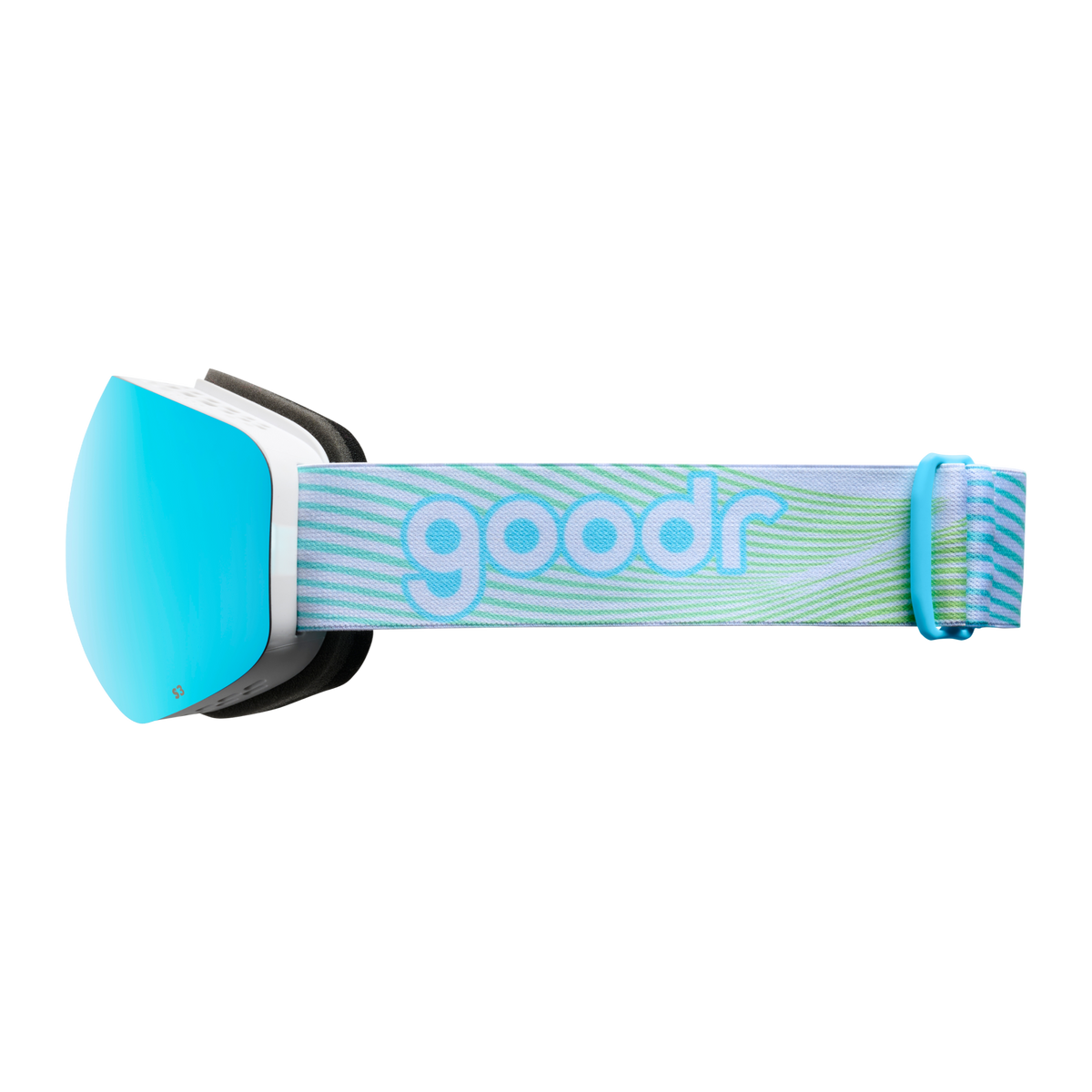 Side view of blue mirrored snow goggles with a white frame and white goodr strap.