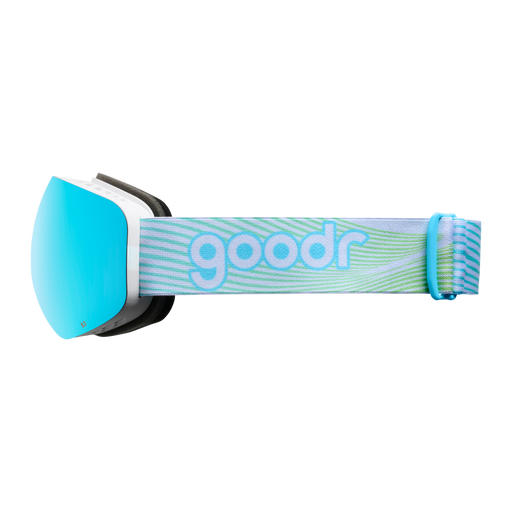 Side view of blue mirrored snow goggles with a white frame and white goodr strap.