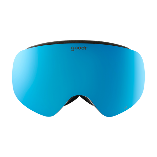Front view of bronze blue mirrored snow goggles with a black frame and goodr logo.