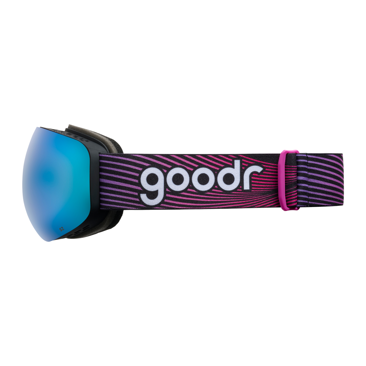 Side view of bronze blue mirrored snow goggles with a black frame and pink and purple goodr strap.