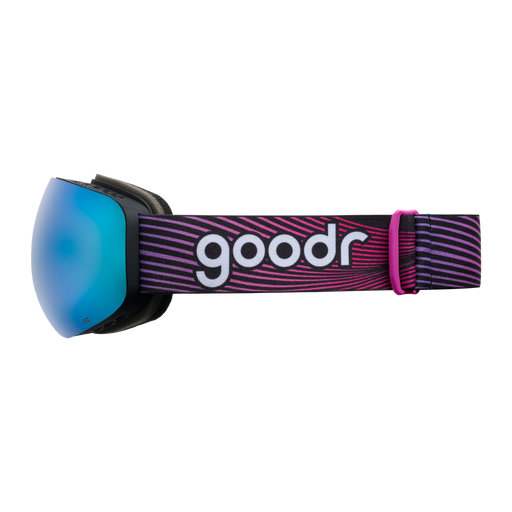 Side view of bronze blue mirrored snow goggles with a black frame and pink and purple goodr strap.