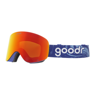 Side view of bronze red mirrored snow goggles with a blue frame and blue goodr strap.