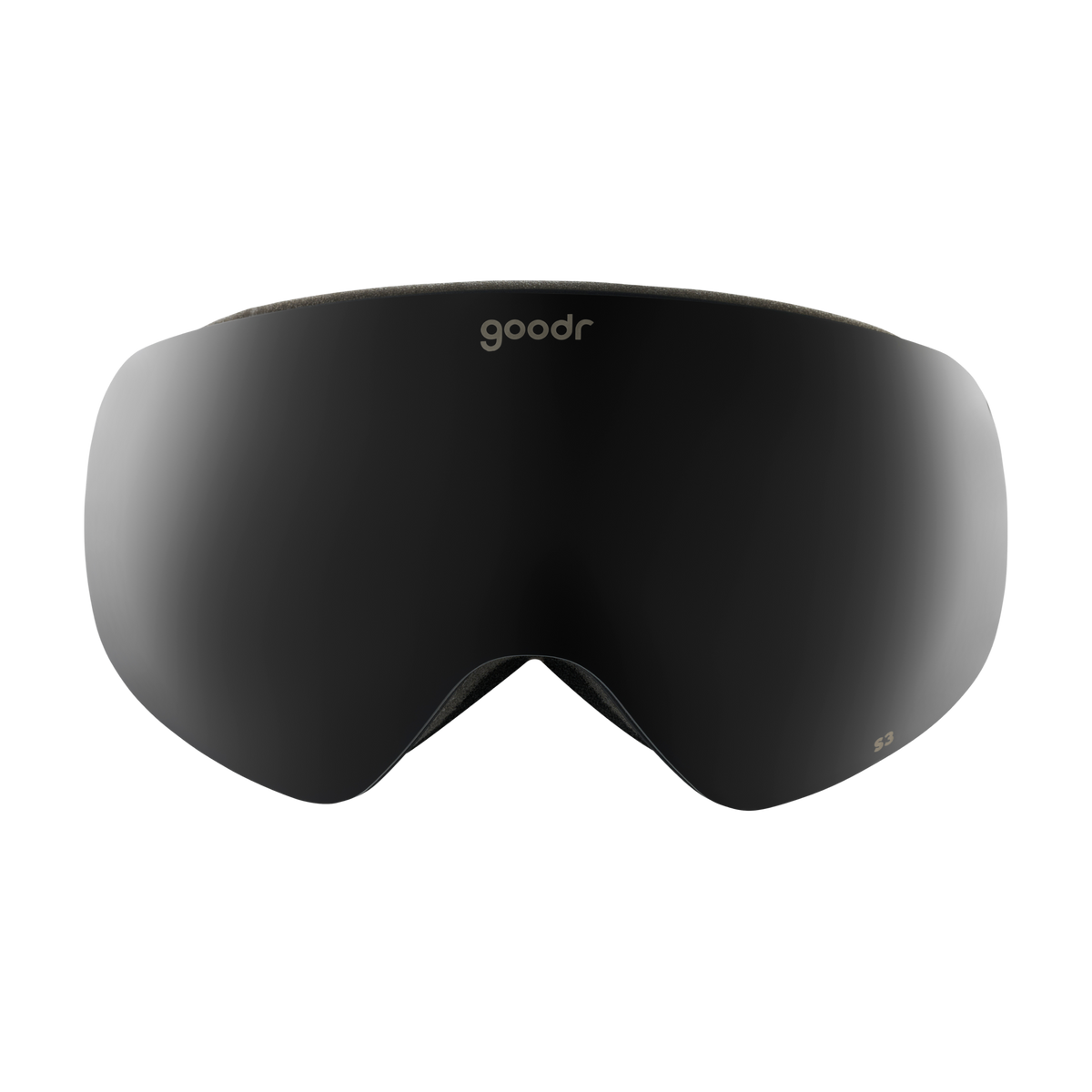 Front view of black snow goggles with a black frame and goodr logo.