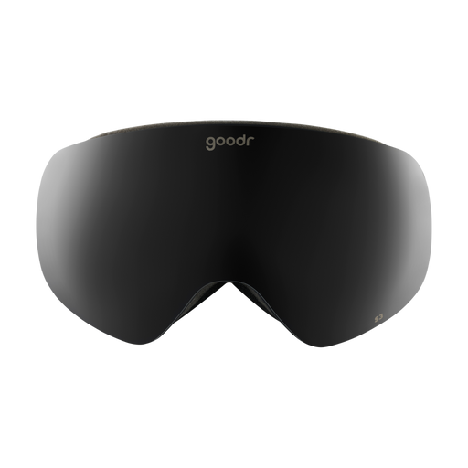 Front view of black snow goggles with a black frame and goodr logo.