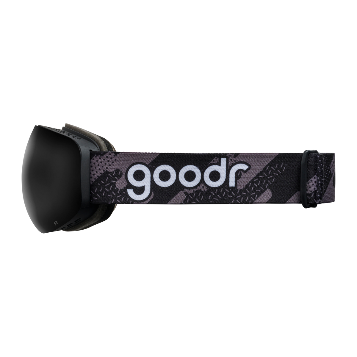 Side view of black snow goggles with a black frame and patterned goodr strap.