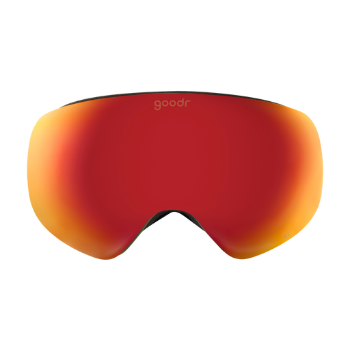 Front view of smoke red mirrored snow goggles with a green frame and goodr logo.