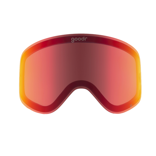 Red-orange replacement ski goggle lens with warm mirrored finish and small goodr logo.