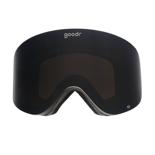 Front view of black snow goggles with a black frame and goodr logo.