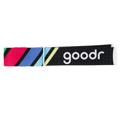 Black ski goggle replacement strap with colorful diagonal stripes and white goodr logo.