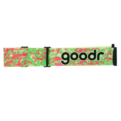 Light green ski goggle replacement strap with pink splatter pattern and black goodr logo.