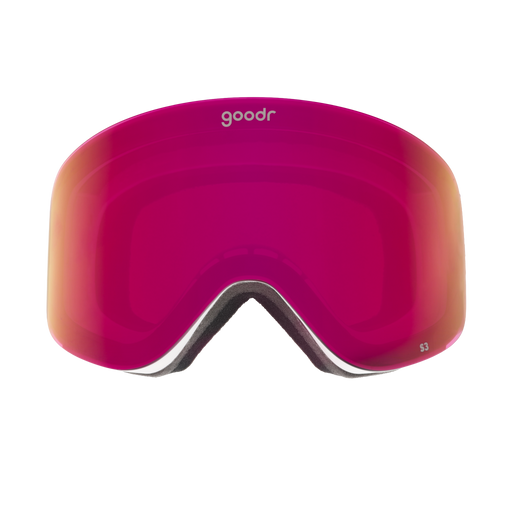 Front view of purple red mirrored snow goggles with a white frame and goodr logo.