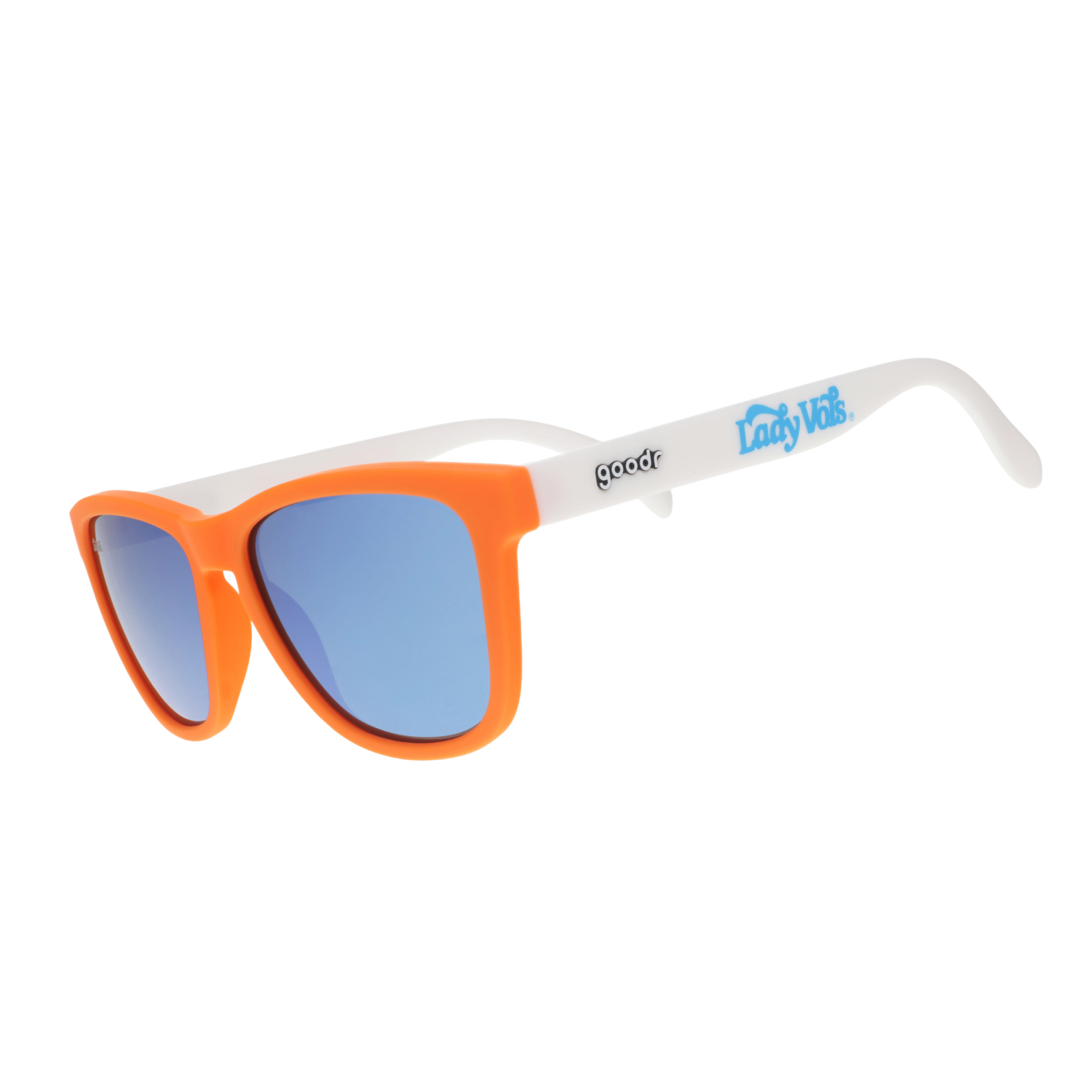Lady Vols goodr sunglasses with an orange frame, white arms, and blue reflective lenses.