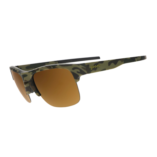 A pair of sporty wraparound sunglasses with a green and black camouflage pattern on the frame and warm brown mirrored lenses, shown on a plain white background.