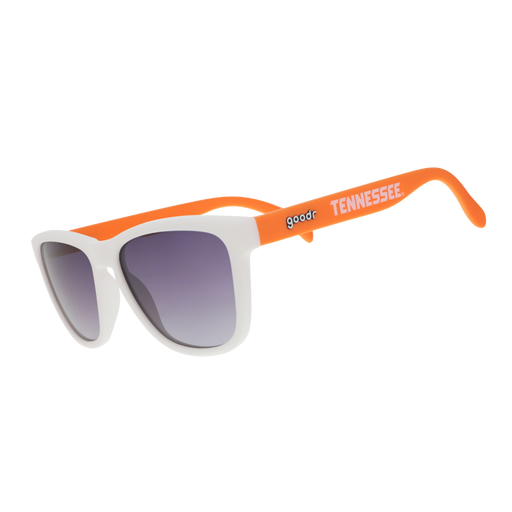 Tennessee Volunteers goodr sunglasses with a white frame, orange arms, and black gradient lenses.