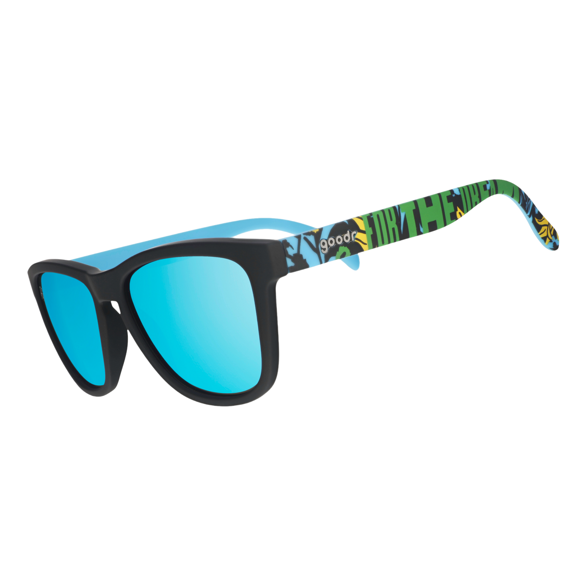Pair of goodr sunglasses featuring black frames, blue reflective lenses, and tropical green patterned arms.