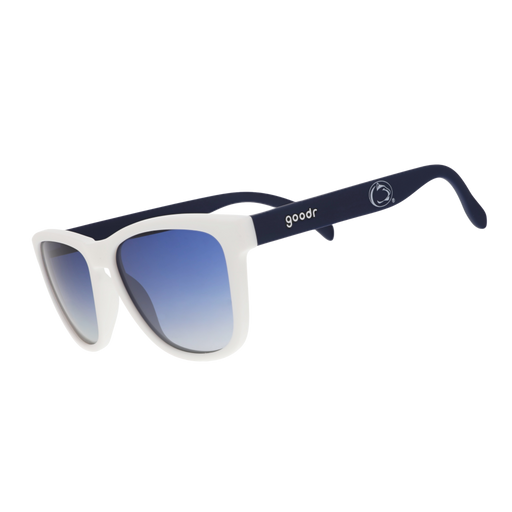 White sunglasses with blue gradient lenses and navy arms featuring Penn State and goodr logos.