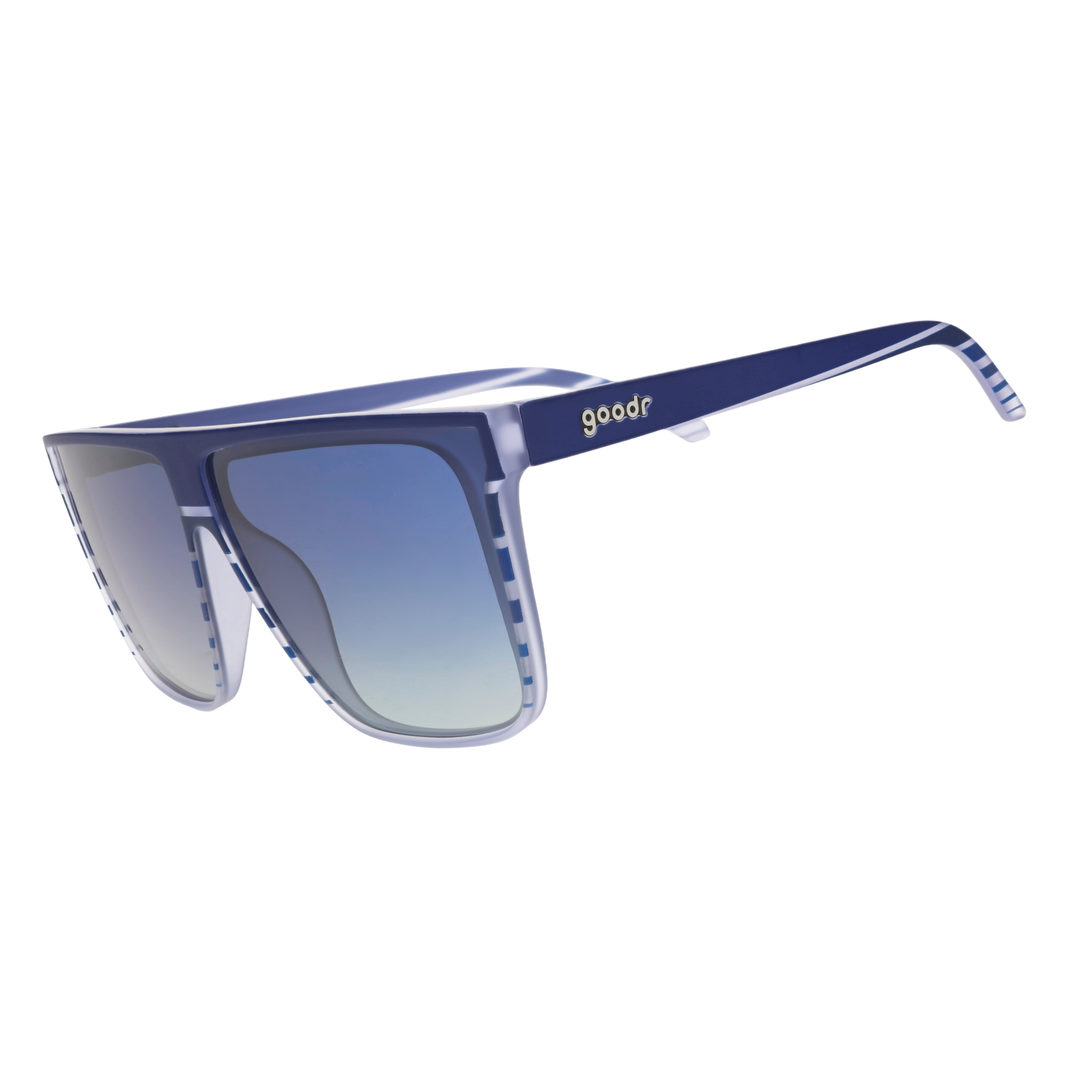 Three-quarter-angle view of translucent blue-purple flat-top Fly Gs with a retrowave-striped design and blue gradient lenses.