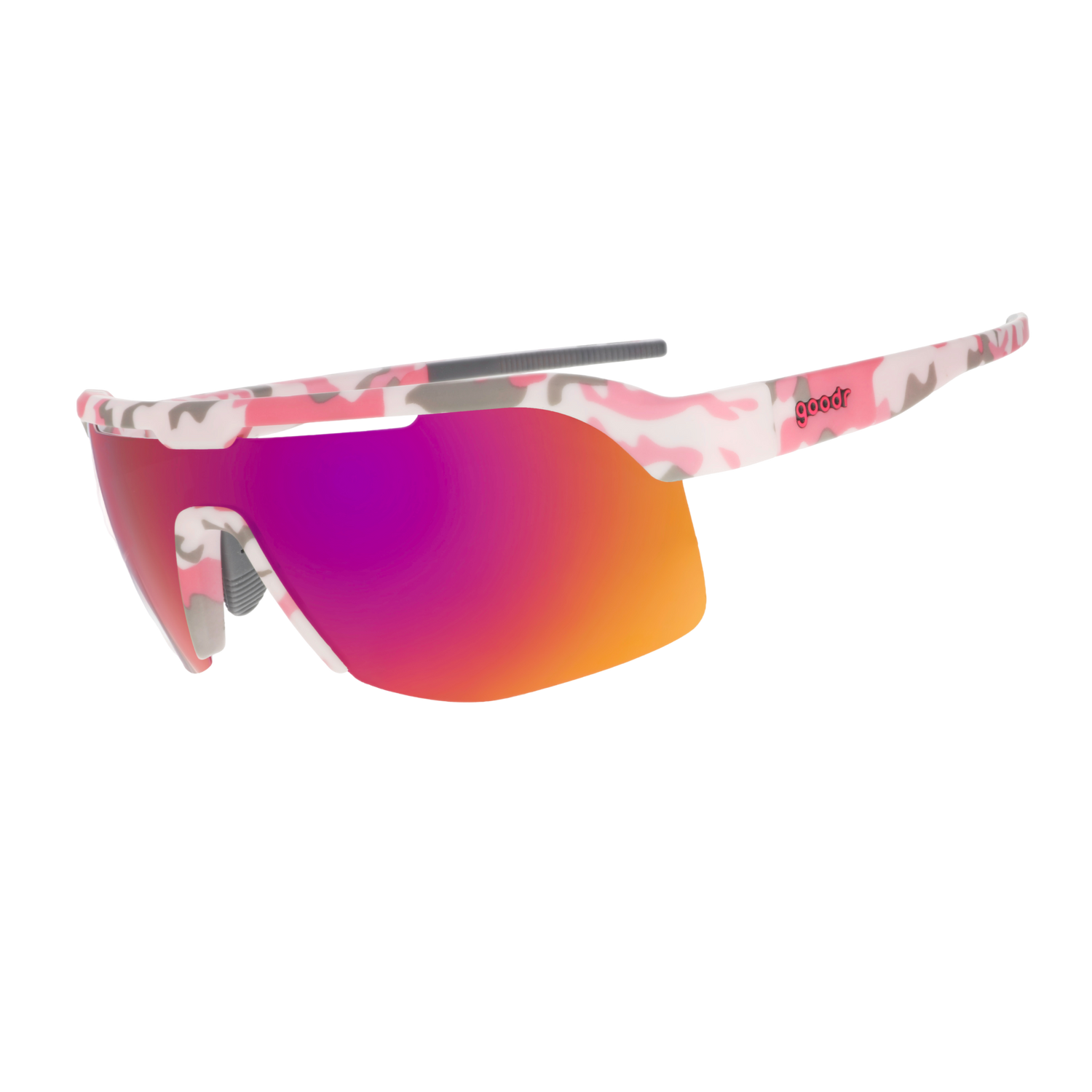 Sport sunglasses with a pink and white camouflage patterned frame and a large shield lens featuring a vibrant red-to-orange mirrored gradient, shown on a plain white background.