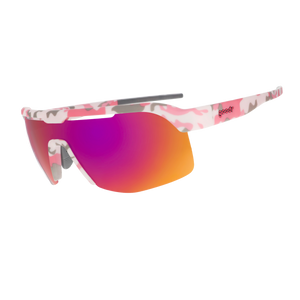 Sport sunglasses with a pink and white camouflage patterned frame and a large shield lens featuring a vibrant red-to-orange mirrored gradient, shown on a plain white background.