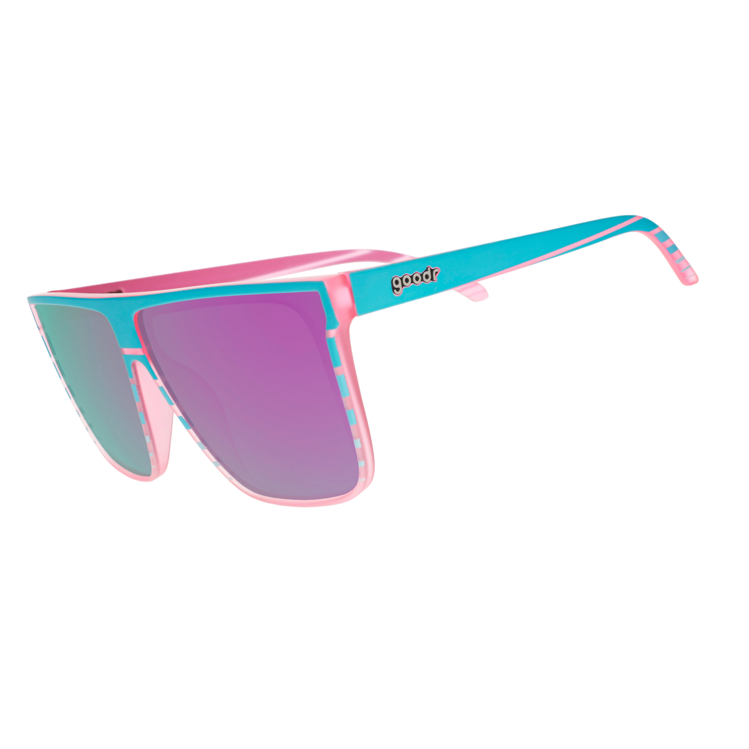 Three-quarter-angle view of translucent pink flat-top Fly G sunglasses with teal retrowave-striped design. 