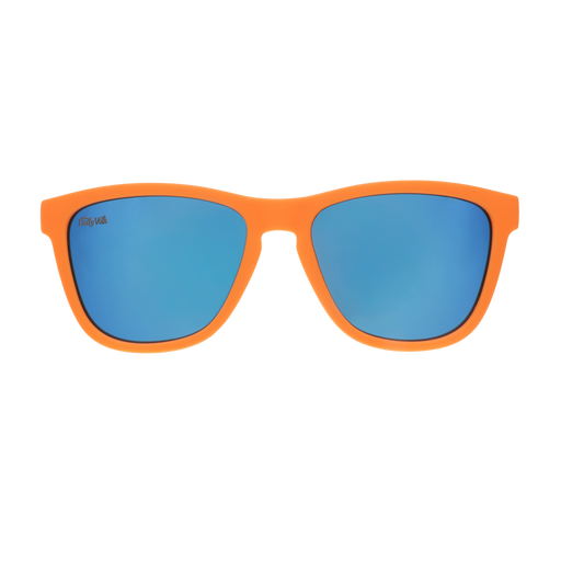 Front view of Lady Vols sunglasses with an orange frame and blue reflective lenses.