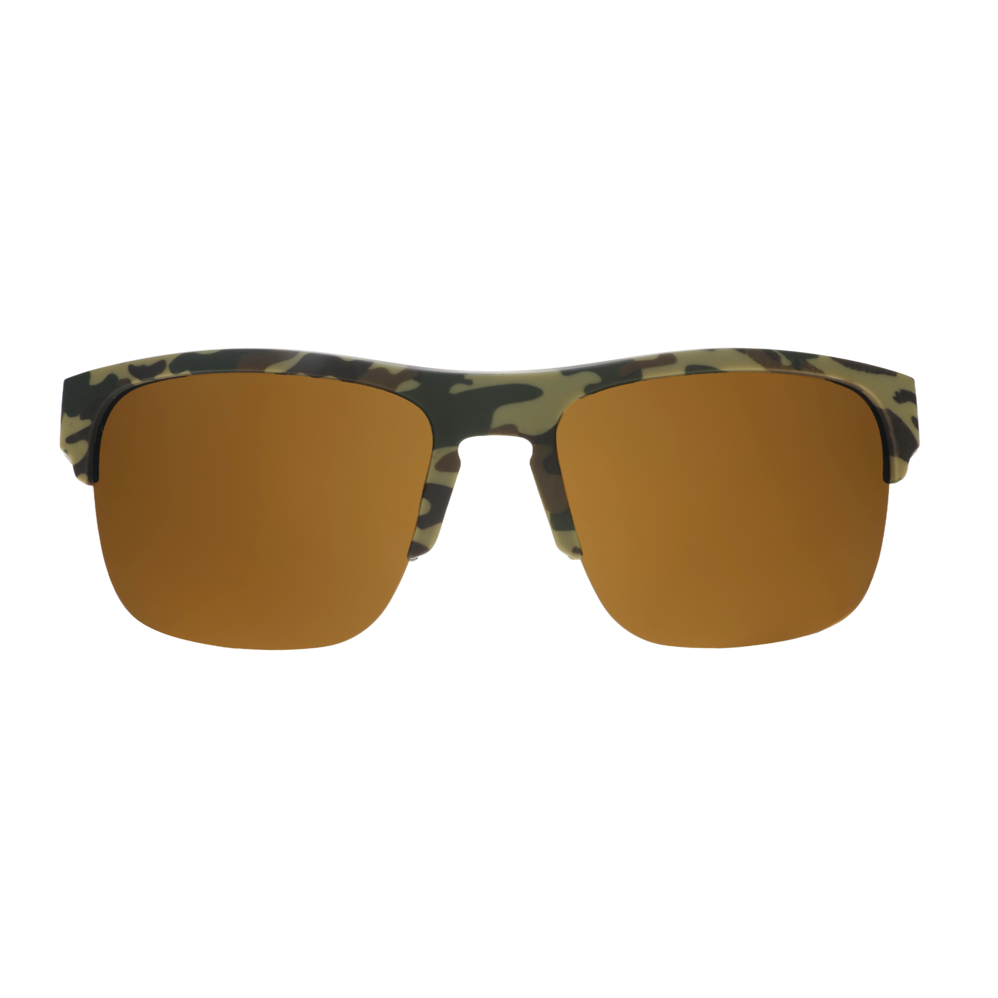 A pair of square sunglasses with a matte camouflage pattern frame and warm brown mirrored lenses, shown against a plain white background.